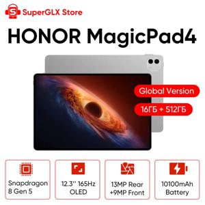 정품 HONOR MagicPad 4 글로벌 버전 태블릿, 스냅드래곤 8 Gen 5 프로세서, 12.3인치, 165Hz OLED 디스플레이, 10100mAh 배터리, 안드로이드 16 운영체제.