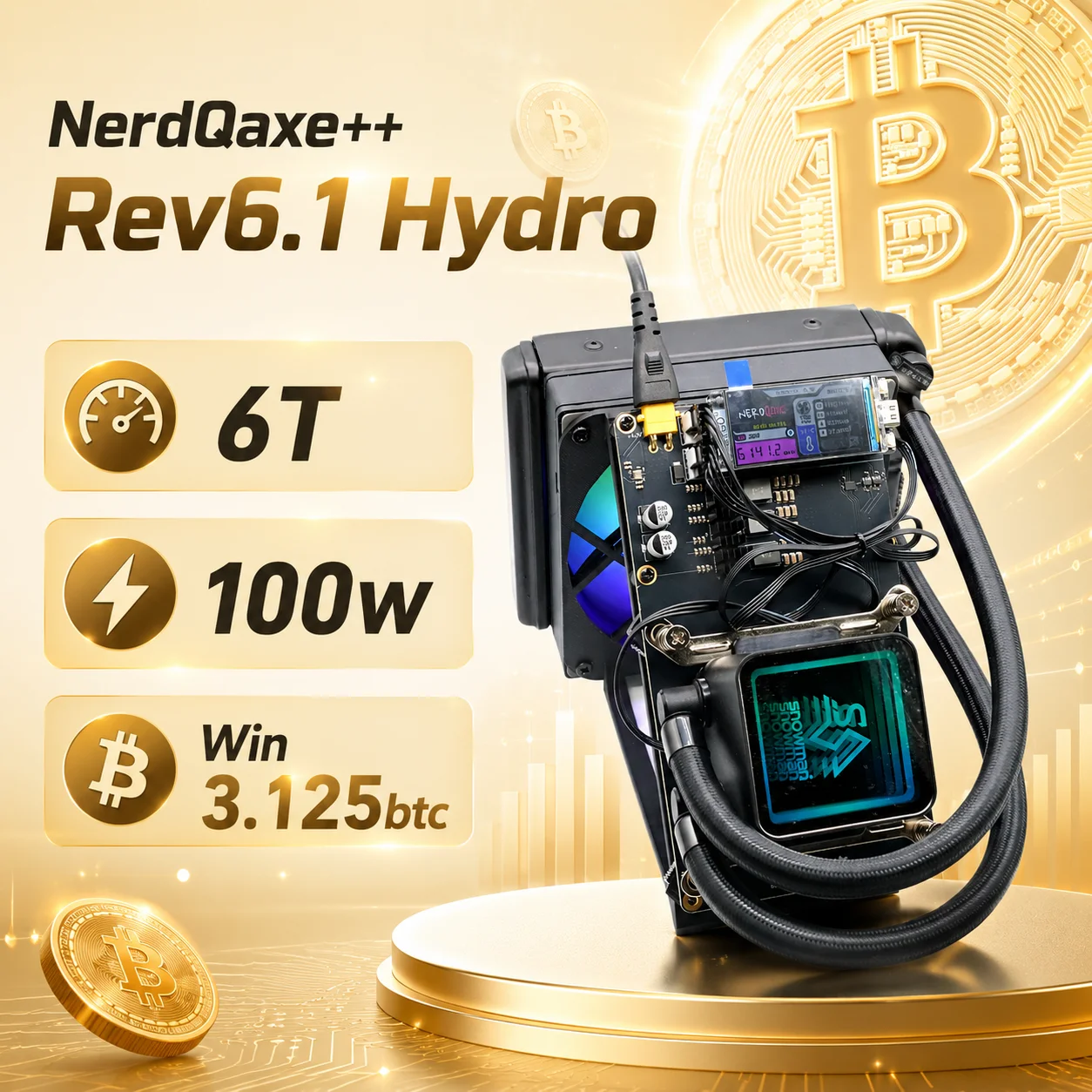 NerdQaxe++ Rev6.1 Hydro 6Th/s 100W 오픈 소스 비트코인 ​​암호화 솔로 채굴기(120W 전원 공급 장치 포함)