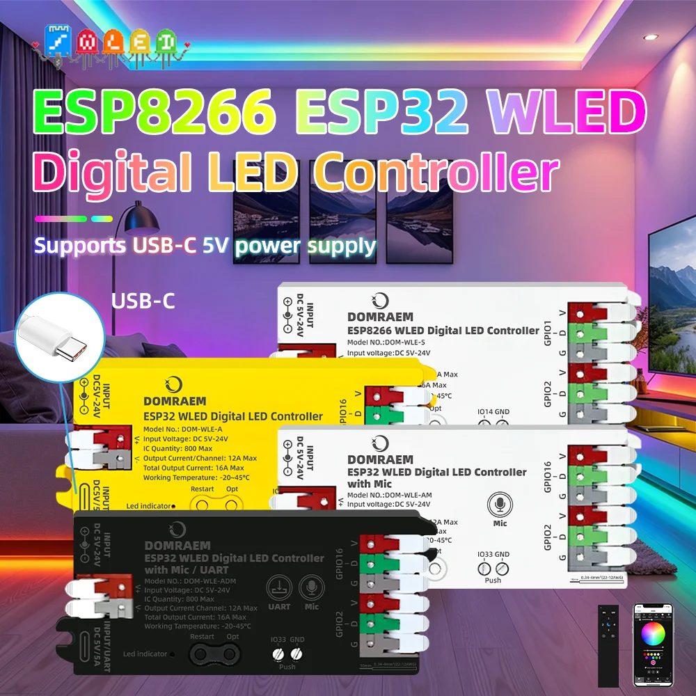 DOMRAEM WLED 컨트롤러 ESP8266 ESP32 USB-C 마이크 음악 WS2811 WS2812B WS2815 SK6812 RGB IC 디지털 조명 주소 지정 가능 16A 퓨즈