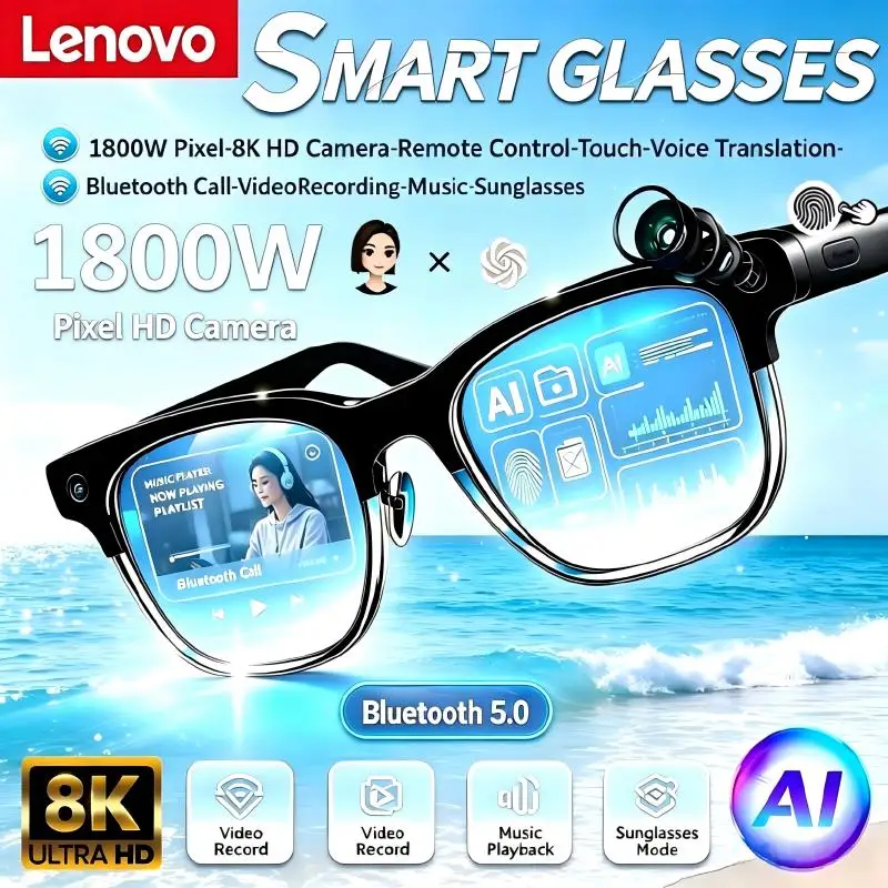 Lenovo AI 스마트 글라스, 1800W 픽셀, 8K HD 카메라, 원격 제어, 터치, 음성 번역, 블루투스 통화, 비디오, 음악 재생 기능이 있는 선글라스