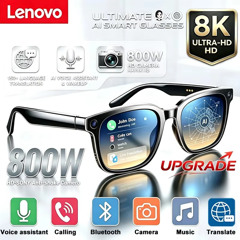 레노버 AI 스마트 슈팅 글래스 800W HD 카메라 무선 블루투스 통화 번역 기능 남녀공용 선글라스 (3개 렌즈 포함)