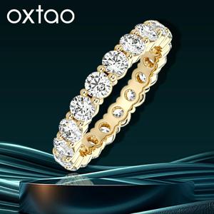 OXTAO 풀 모이사나이트 반지 4mm D VVS1 여성용 스파클링 웨딩 이터니티 밴드 반지 기념일 주얼리 선물 14K 골드 충전