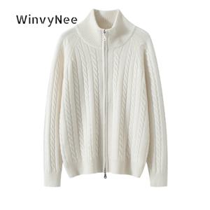 WinvyNee 여성 카디건 퓨어 울 두꺼운 케이블 트위스트 듀얼 지퍼 자켓 스탠드 칼라 라글란 가을 겨울 레이어링 탑 ZB1803023