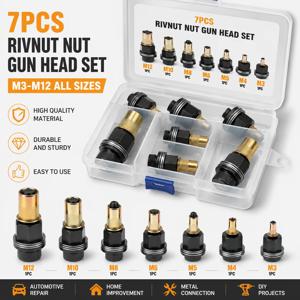선물용 박스 세트 7PCS 리브넛 너트 건 헤드 세트 M3-M12 맨드렐 키트 자동차 수리 DIY 금속 작업용 나사 삽입 공구 헤드