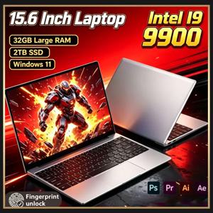 최신형 15.6인치 노트북, 인텔 i9-9900 프로세서, 32GB RAM, 2TB 저장 공간, 윈도우 11 운영체제, 대형 화면, 지문 인식 잠금 해제 기능, 사무용 및 게이밍용으로 적합한 노트북 컴퓨터.
