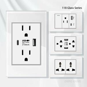USB Type-c 고속 충전기가 포함된 미국 벽 스위치 전원 소켓, 미국 멕시코 흰색 강화 유리 플러그 콘센트, 전등 스위치 패널