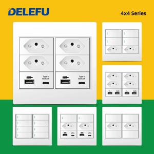 DELEFU 4x4 내화 PC 패널, 브라질 표준 콘센트, 더블 USB C 타입 벽 전원 소켓, 사무실 조명 스위치, 흰색 10A, 20A