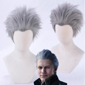 Vergil 코스프레 가발 짧은 실버 그레이 슬릭 백 헤어 내열성 합성 머리 가발