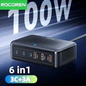 Rocoren USB 충전기 100W GaN 충전 스테이션 6포트 데스크탑 고속 충전 유형 C 휴대용 발전소 iPhone 17 Xiaomi용