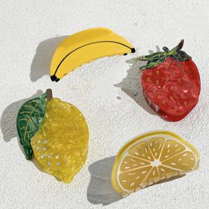패션 아세테이트 라인스톤 과일 레몬 바나나 딸기 헤어 클립 여성용 새 상어 헤어핀 헤어 액세서리 도구 선물