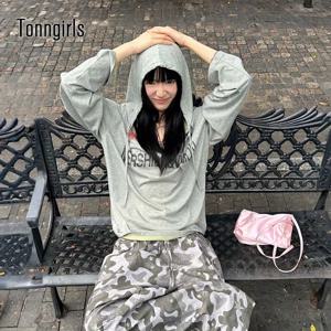 Tonngirls Y2k 빈티지 티셔츠 여성 캐주얼 루즈 프린트 그래픽 탑 후드 일본 2000년대 그런지 탑 스트리트웨어 에스테틱 탑