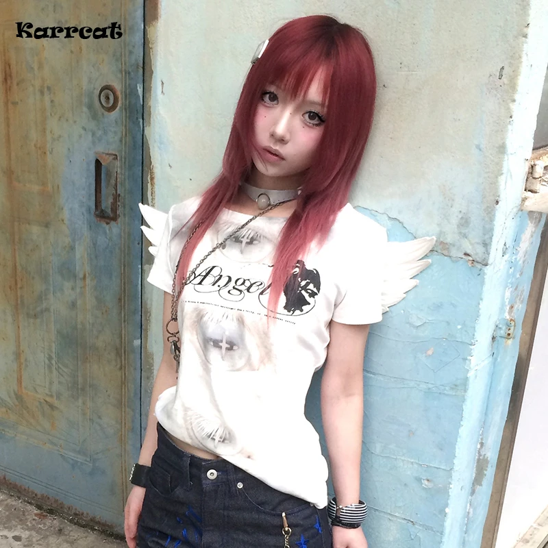 Karrram Trashy Y2k 엔젤 프린트 티셔츠 그런지 미학 날개가 달린 반팔 탑 빈티지 페어리코어 스트리트웨어 2000년대 레트로