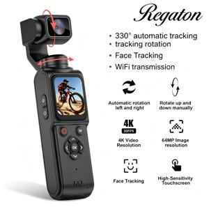 레가톤 4K 액션 카메라 330 °   페이스 트래킹 짐벌 스테빌라이저 1.72인치 터치스크린 64MP 포켓 디지털 카메라 WiFi 스포츠 DJ 카메라