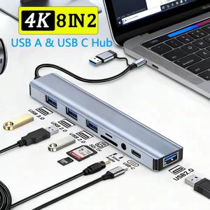8포트 2 USB C 허브 확장 멀티포트 어댑터 타입 C 스플리터 독 USB 3.0 샤오미 폰 태블릿용 고속 데이터 전송 충전 허브