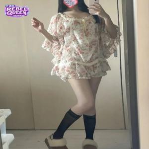 한국 패션 스위트 2피스 의상 여성 루즈핏 레이스 플로럴 프린트 플레어 슬리브 탑 + 스커트 빈티지 Y2K 우아한 캐주얼 새 세트