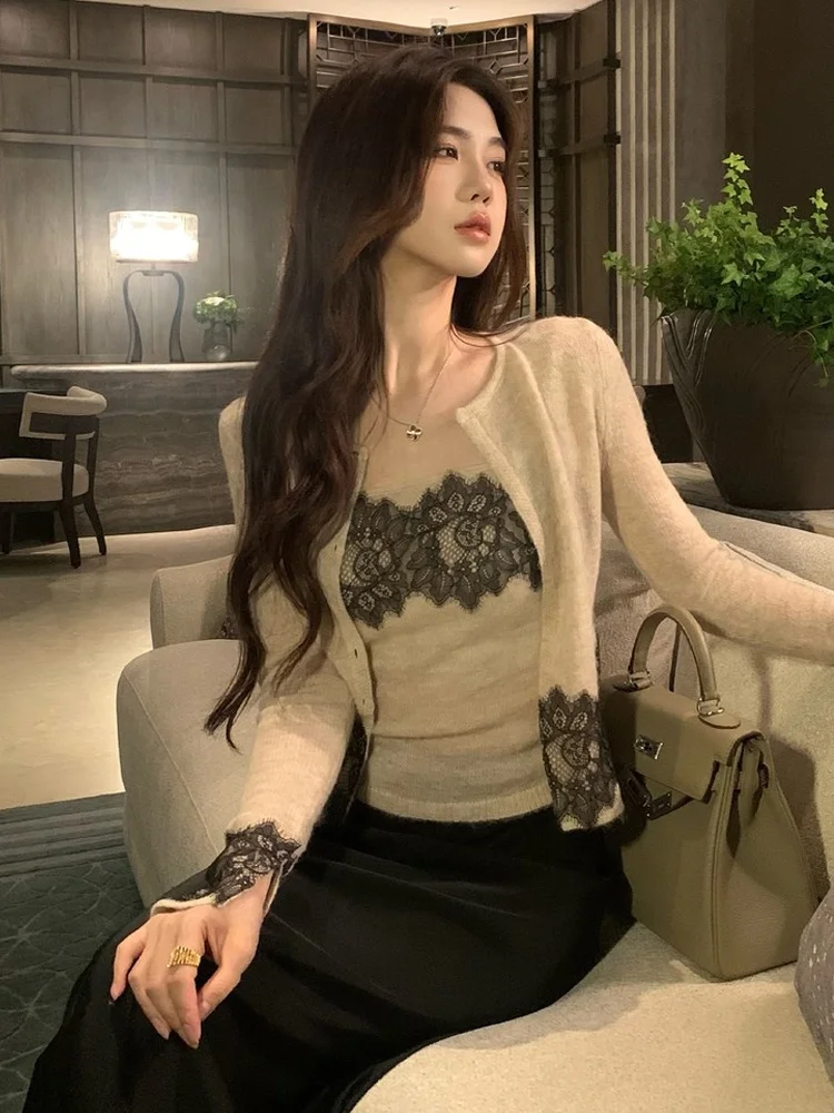 레트로 레이스 스플라이스 긴팔 니트 오픈 가디건 여성용 초가을 스트랩 베스트 이너웨어 슬리밍 투피스 세트