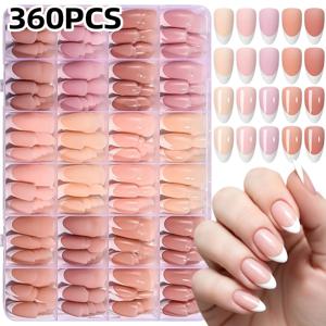 360개/박스 짧은 아몬드 프렌치 팁 가짜 손톱 광택/무광 풀커버 프레스온 네일 화이트 엣지 디자인 여성용 인조 손톱 1