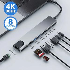 8-in-1 타입-C 도킹 스테이션: 4K HDMI, USB-C 허브, 멀티포트 어댑터, 100W PD 충전, RJ45 이더넷, USB 3.0/2.0 지원