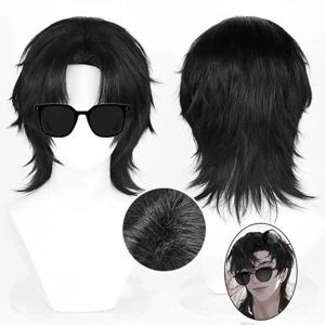 HAIRJOY ​​합성 머리 가발 타임 레이더스 블랙 블라인드 맨 코스프레 가발 울프 테일 멀렛 헤어스타일 코스프레 가발 로즈 네트