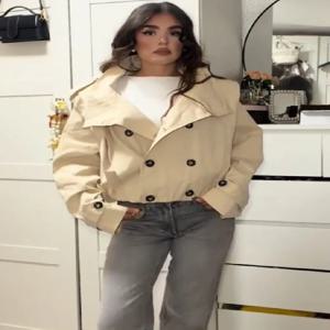 여성용 크롭 트렌치코트 스탠드 칼라 더블 브레스티드 긴소매 루즈핏 재킷 빈티지 스트리트웨어 가을용 숏 아우터웨어