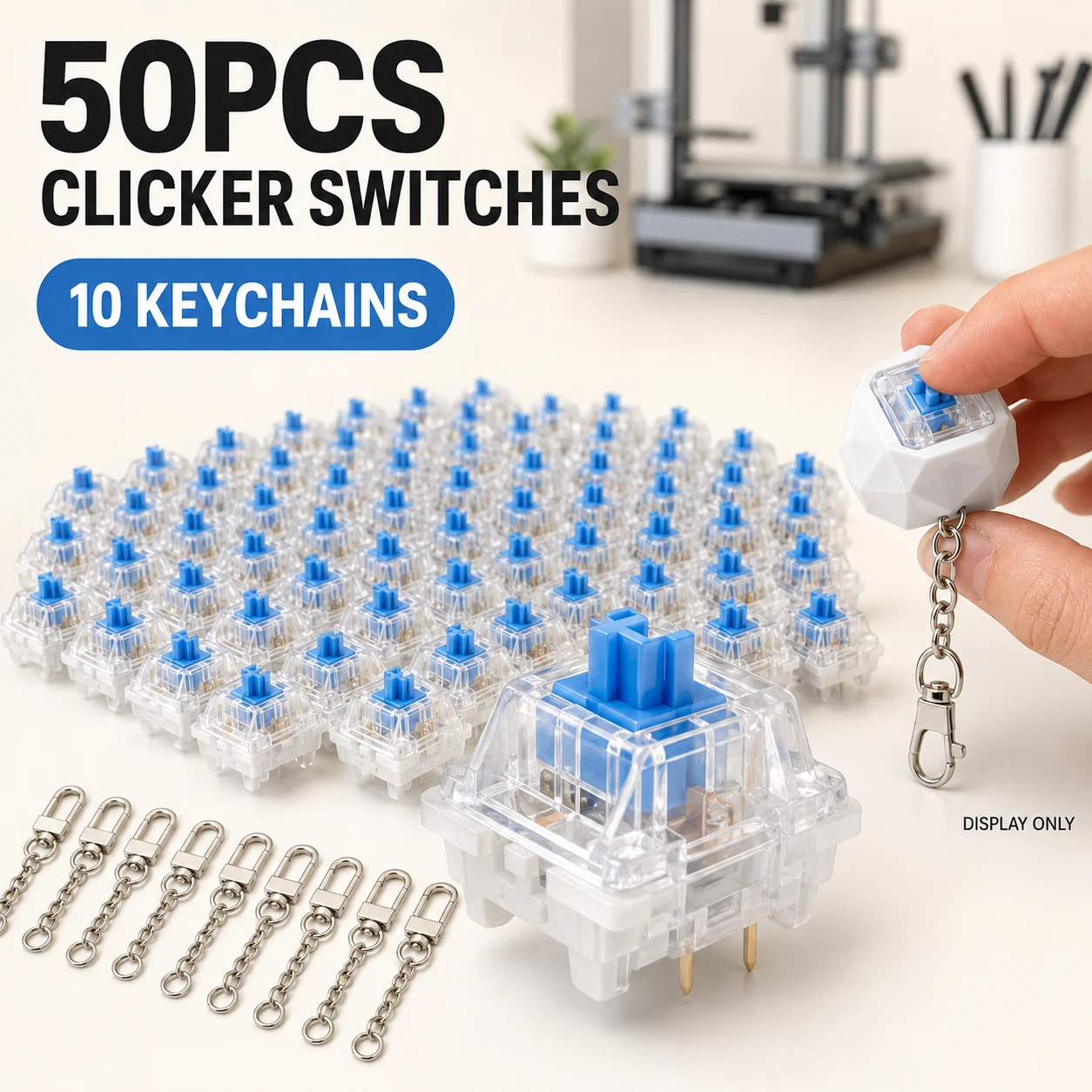 50PCS 3핀 MX 스타일 기계식 키보드 스위치 3D 인쇄된 피젯 토이용 클릭키 키보드 클리커 DIY 프로젝트(10개 키 포함)