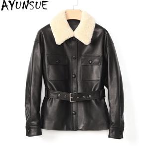 AYUNSUE 천연 양가죽 여성용 재킷, 90% 흰색 거위털 충전, 여성용 코트, 겨울 의류, 양털 칼라, 탈부착 가능