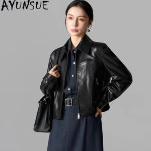 AYUNSUE 천연 가죽 재킷, 여성용, 가을 의류, 우아한 코트, 오일 왁스 처리된 천연 양가죽 코트, 여성용 슬림핏 코트