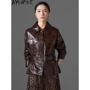 AYUNSUE 천연 가죽 재킷, 여성 의류, 우아한 스타일의 봄/가을 코트, 오일 왁스 처리된 천연 양가죽 코트, 벨트, 여성용 코트