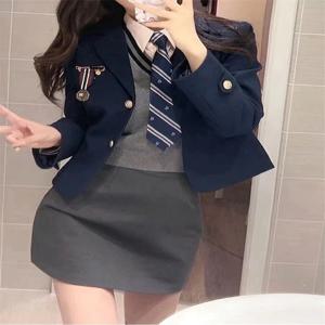 한국 스타일 대학 교복 스커트 세트 여성용 JK 의상 3종 세트 폴리에스터 소재 봄 패션 젊은 여성들을 위한