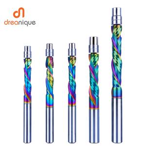 Dreanique 1pc DLC 코팅 솔리드 카바이드 베어링 가이드 밀링 커터 2 플루트 나선형 플러시 트림 8MM 목공 트리머 비트
