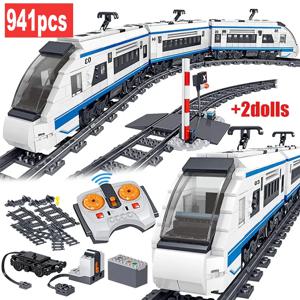 941pcs 도시 전기 하모니 레일 원격 제어 빌딩 블록 소년을위한 기차 트랙 RC 자동차 벽돌 장난감