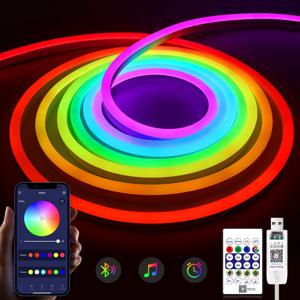 USB RGBIC 네온 LED 스트립, 블루투스 앱 및 리모컨 포함, DIY 홈 데코, 페어리 드림 컬러, RGB LED 네온 로프 조명, 5V, WS2812