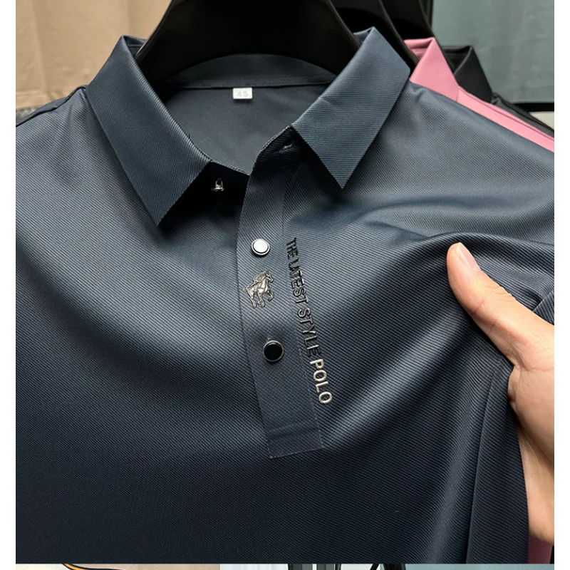 남성용 단색 실크 코튼 반팔 폴로, 패셔너블한 비즈니스 심리스 캐주얼 탑, 하이엔드 브랜드, 고품질, 여름 신상