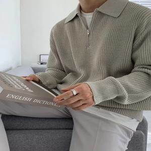 아메리칸 스타일 빈티지 하프 지퍼 니트웨어 루즈한 긴팔 남성용 스웨터 시티보이 폴로 셔츠 재킷 캐주얼 가을 패션