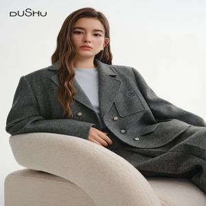 DUSHU 레트로 컬리지 스타일 컬러풀 도트 트윌 울 수트 여성 루즈 게리 블레이저 A라인 플리츠 스커트 투피스 세트 BF 출퇴근룩
