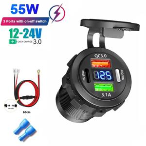 자동차 충전기 소켓 타입-C 및 듀얼 USB 3포트 고속 충전기 소켓 방수 볼트미터 포함 12V/24V 보트 오토바이 어댑터용