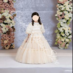 결혼식을위한 꽃의 소녀 드레스 Tulle 푹신한 하프 슬리브 신부 들러리 어린이 생일 파티 첫 성찬식 볼 가운 맞춤형