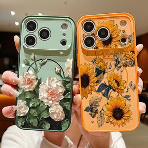 아이폰 18 Pro Max, 17, 16, 15, 14, 13 Pro Max용 실감 나는 꽃무늬 자석 케이스, MagSafe 무선 충전 지원, 견고한 휴대폰 커버