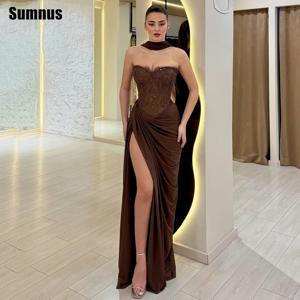 Sumnus 우아한 인어 이브닝 드레스 브라운 아플리케 레이스 하이 사이드 슬릿 플리츠 맥시 댄스 파티 드레스 파티 드레스 2026 맞춤형