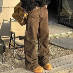 Afashion 루즈핏 와이드 레그 팬츠 남성용 하이 스트리트 멀티 포켓 드레이프 캐주얼 데님 진 아메리칸 레트로 워크웨어 스타일 청년 패션