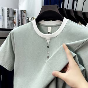 남성용 통기성 헨리넥 반팔 티셔츠, 플래킷 디자인으로 편안한 착용감, 하루 종일 활동에 적합