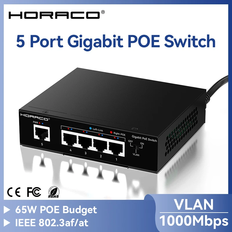 HORACO 5 포트 POE 스위치 IP 카메라, NVR, 감시, CCTV, POE 카메라용 기가비트 1000Mbps 활성 POE 네트워크 스위치