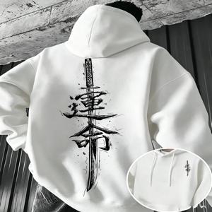 남성용 일본 카타나 검 캐릭터 운명 문자 그래픽 후드티 빈티지 브러시 스트로크 프린트 스웨트셔츠 가을 겨울 스트리트웨어 탑