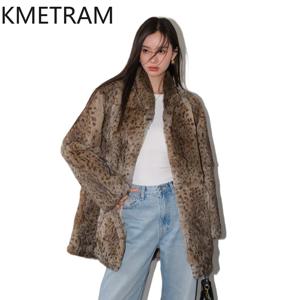 KMETRAM 리얼 래빗 퍼 자켓 여성용 2026 신상 올드머니 스타일 리얼 퍼 코트 레오파드 프린트 겨울 자켓 여성용