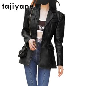 TAJIYANE 정품 가죽 자켓 여성용 피티드 웨이스트 블레이저 탑 그레인 베지터블 태닝 양가죽 여성용 자켓 블랙 아우터웨어