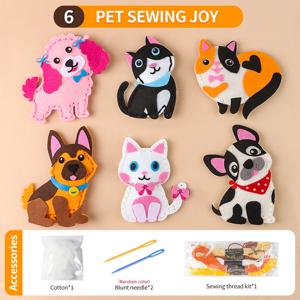 어린이 DIY 펠트 바느질 공예 키트 6종 귀여운 애완동물 고양이 강아지 부직포 인형 손바느질 세트 교육용 미술 수제 장난감