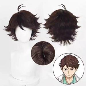 HAIRJOY 합성모 헤어키유!! 오이카와 투루 코스프레 가발 짧은 곱슬머리 갈색 코스프레 가발 로즈 네트
