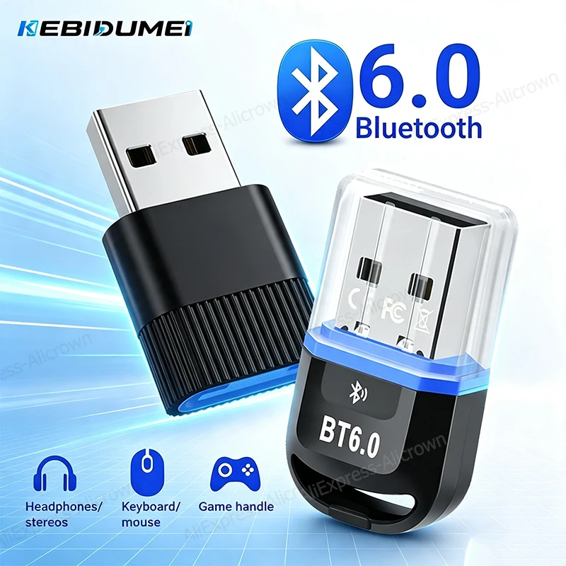 KEBIDUMEI 블루투스 6.0 어댑터 2-in-1 무선 오디오 송신기 수신기 헤드폰 스피커용 USB 동글 Windows 8.1/10/11