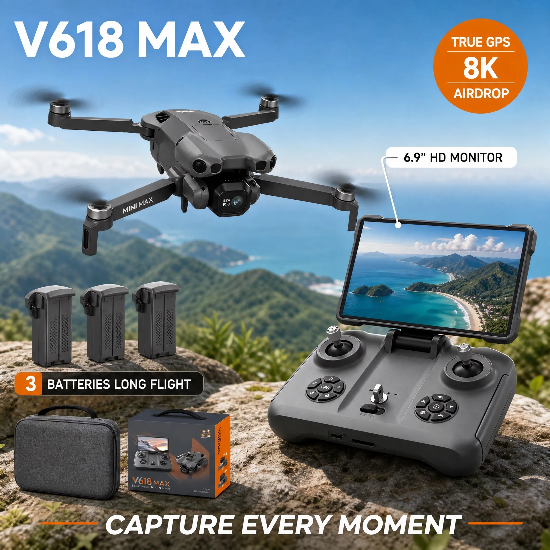 V618 MAX GPS 접이식 드론 6.9인치 화면 4K UHD 브러시리스 에어드롭 5G FPV 듀얼 카메라 전문 항공 촬영 드론