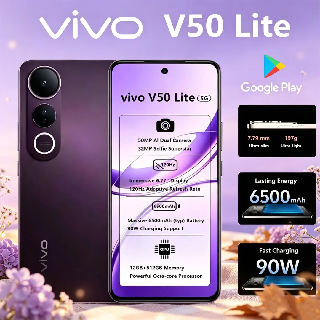 새로운 VIVO V50 Lite 5G 글로벌 버전 스마트폰: 6.77인치 120Hz 대화면, 50MP 카메라, 6500mAh 배터리, 90W 고속 충전, 듀얼 SIM 지원